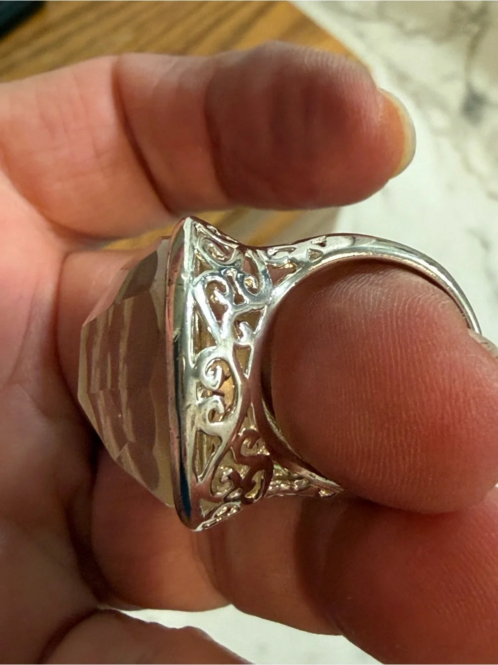Sterling Silver 925 Filigree MOP Faceted Dome Ring Size 6.5 13 Grams